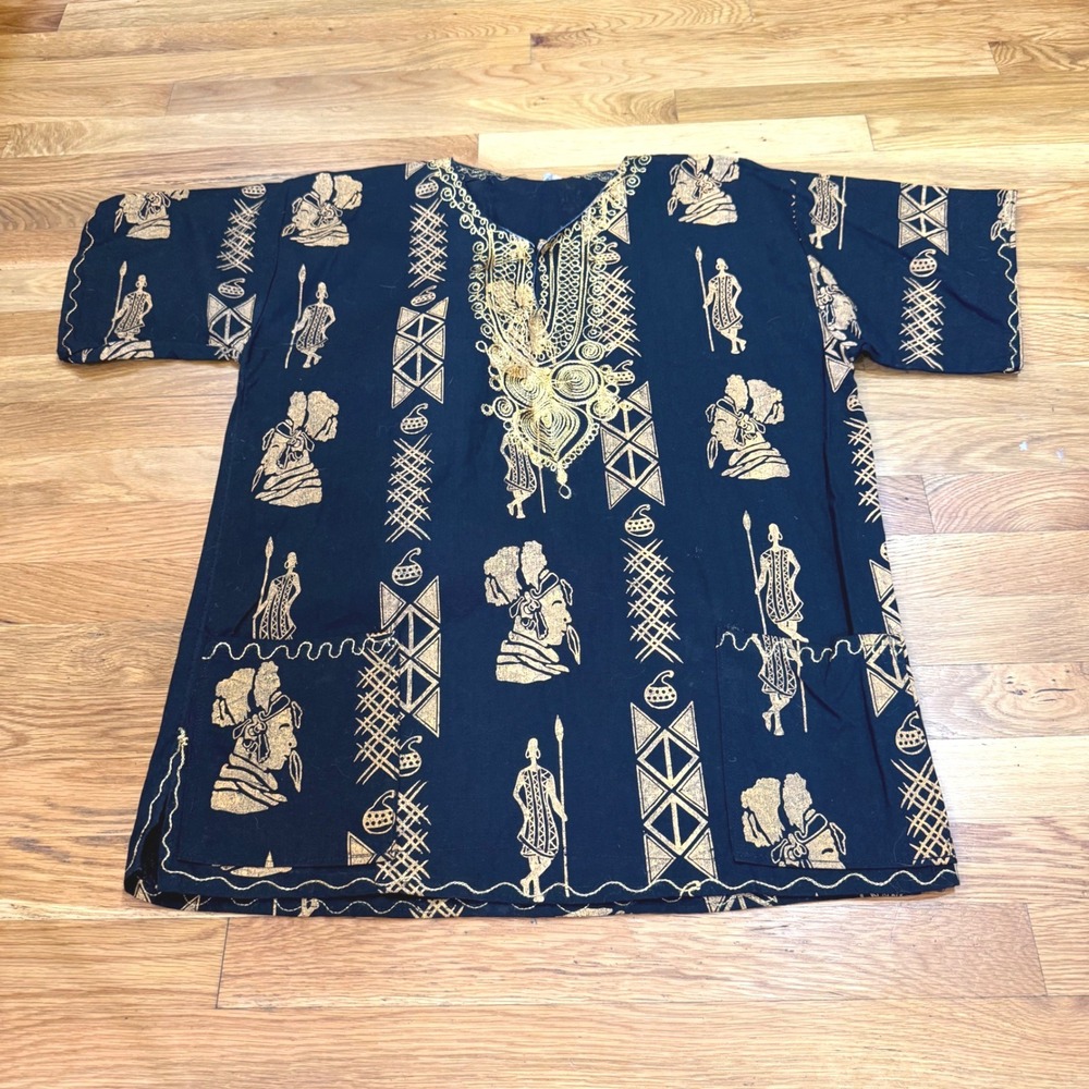 Vintage African Dashiki Shirt‎ Black Gold Tribal Graphic Embroidered Tunic Top